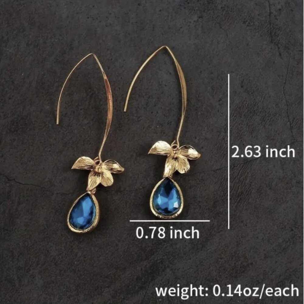 NEW Eugenie Sapphire Blue and Gold Crystal Flower French Wire Drop Earrings - Picture 4 of 4